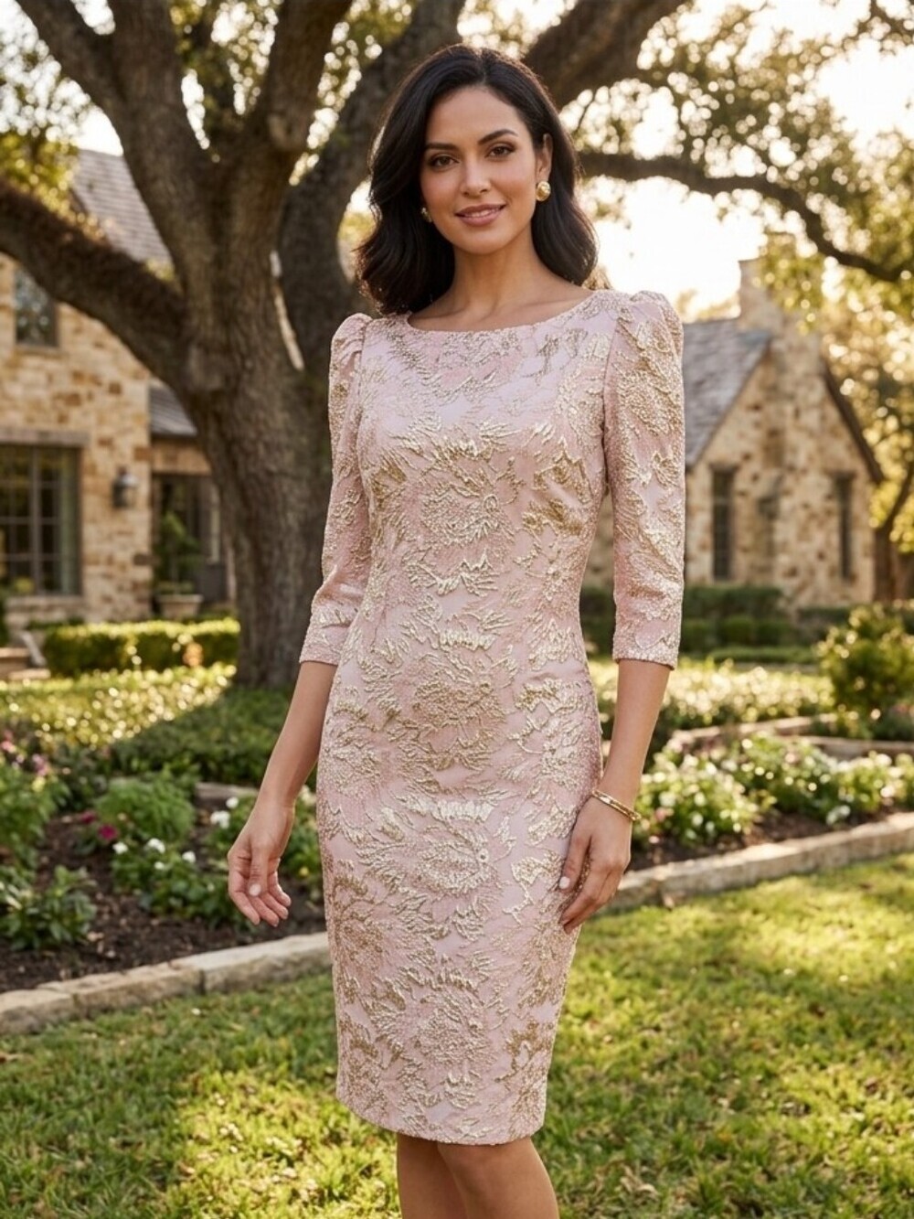 Theia Blush and Gold Long Sleeve Dress